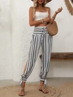 Kadın Yüksek Bel Desenli Paçadan Bağlamalı Yanları Yırtmaçlı Süprem Pantolon - Görsel 6