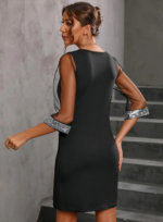 Kadın Uzun Kollu V Yaka Ve Kol Ucu Pul Payet Krep Elbise - Görsel 4