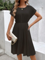 Kadın Kısa Kollu Yakası Açık Belden Lastikli Pileli Kısa Ithal Krep Elbise - Görsel 2