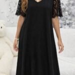 Kadın Kısa Dantel Kollu V Yakalı Midi Viskon Elbise