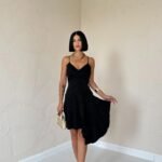 Siyah Jakarlı Asimetrik Elbise