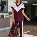 Kadın Kısa Kollu V Yakalı çift Renkli Viskon Iki Iplik Ikili Bluz Ve Pantolon Takım