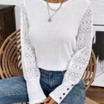 Kadın Uzun Kollu Bisiklet Yaka Kolları Tüllü Waffle Bluz