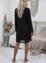 Kadın Uzun Kollu V Yakalı Tül şerit Detaylı Mini Krep Elbise - Görsel 3