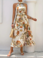 Kadın Omuzlardan Açık Halter Yakalı Yırtmaçlı çiçek Desenli Süprem Elbise - Görsel 2