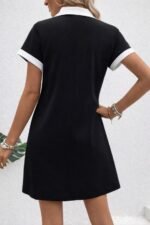 Kadın Kısa Kollu V Yakalı Onden şerit Detaylı Yakalı Kısa Janjan Krep Elbise - Görsel 4