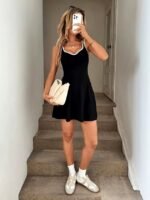 Kadın Askılı Kalp Yakalı şerit Detaylı Dalgıç Kısa Elbise - Görsel 2