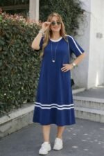 Kadın Kısa Kollu Bisiklet Yaka şerit Detaylı Midi Viskon Elbise - Görsel 2