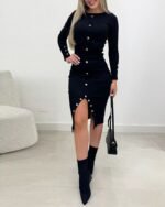 Kadın Uzun Kollu Yırtmaçlı Düğme Detaylı Midi Kaşkorse Elbise - Görsel 2