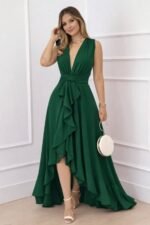 Kadın Askılı Kruvaze Yakalı önü Volanlı Uzun Krep Elbise - Görsel 2