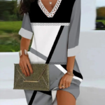 Kadın Fakir Kollu V Dantel Yaka Geometrik Desenli Dalgıç Elbise