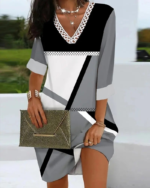 Kadın Fakir Kollu V Dantel Yaka Geometrik Desenli Dalgıç Elbise