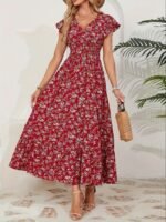 Kadın Kısa Kollu Kruvaze Yaka Beli Lastikli çiçek Desenli Elbise - Görsel 2