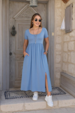 Kadın Kısa Kollu Yuvarlak Yaka önden Yırtmaçlı Cepli Viskon Uzun Elbise - Görsel 3