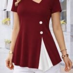 Kadın Kısa Kollu Asimetrik V Yakalı Düğme Detaylı Viskon Bluz