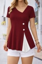 Kadın Kısa Kollu Asimetrik V Yakalı Düğme Detaylı Viskon Bluz