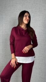 Kadın Uzun Kollu Kapşonlu Bağcıklı Viskon Iki Iplik Bluz Ve Pantolon Ikili Takım - Görsel 2