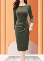 Kadın Uzun Kollu Bot Yaka Yanı Taş Detaylı Midi Kadife Elbise - Görsel 3