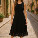 Kadın Kolsuz Etek Ucu Lazer Kesim çiçek Desenli Midi Boy Ithal Krep Elbise