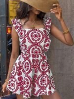 Kadın Askılı Kare Yakalı Arkadan Bağcıklı Desenli Keten Tulum - Görsel 4