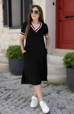 Kadın Kısa Kollu V Yaka Ribana Detay Midiboy Viskon Elbise - Görsel 3