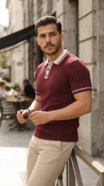 Erkek Düğme Yakalı Kontrast Yaka Triko Tişört