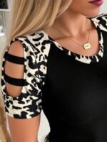 Kadın Kısa Kollu Yuvarlak Yaka Kollarda şerit Detaylı Leoparlı Viskon Bluz - Görsel 2