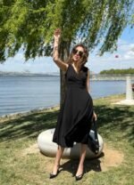 Kadın Ithal Krep Kumaş Kruvaze Yaka Eteği Kloş Kolsuz Mini Elbise - Görsel 3