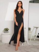 Kadın Ip Askılı Kruvazeli Yırtmaç Detaylı Yerli Krep Uzun Elbise