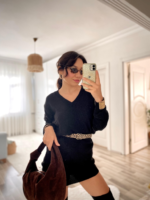 Kadın Uzun Kollu V Yakalı Mini Triko Elbise - Görsel 11