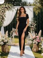 Kadın Kısa Kollu Kare Yakalı Sim Detaylı Arkadan Bağcıklı Yırtmaçlı Uzun Ithal Krep Elbise - Görsel 5