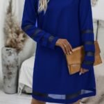 Kadın Uzun Kollu V Yakalı Tül şerit Detaylı Mini Krep Elbise