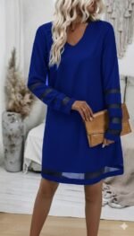 Kadın Uzun Kollu V Yakalı Tül şerit Detaylı Mini Krep Elbise