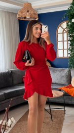 Kadın Uzun Kollu Bisiklet Yaka önden Volanlı Ithal Krep Elbise - Görsel 14