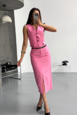 YELEK-ÖNDEN YIRTMAÇLI ETEK TK ŞANTUK KETEN - Pembe - Görsel 4