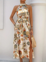 Kadın Omuzlardan Açık Halter Yakalı Yırtmaçlı çiçek Desenli Süprem Elbise - Görsel 3