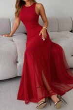 Kadın Askılı Bisiklet Yaka Etek Ucu Tül Detaylı Asimetrik Kiloş Uzun Ithal Krep Elbise - Görsel 5