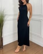 Kadın Boyundan Askılı Halter Kollu Viskon Elbise - Görsel 2