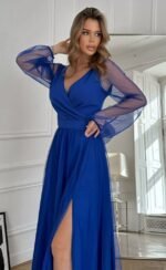 Kadın Uzun Kollu Kruvaze Yakalı Belden Kuşaklı Tüllü Uzun Ithal Krep Elbise - Görsel 2