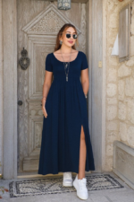 Kadın Kısa Kollu Yuvarlak Yaka önden Yırtmaçlı Cepli Viskon Uzun Elbise - Görsel 2