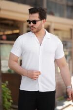 Erkek Ottoman Kumaş Apaj Yaka Kısa Kollu Gömlek