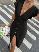 Kadın Kısa Kollu V Yakalı önden Düğmeli Bürümcük Midi Elbise - Görsel 6