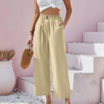 Kadın Bel Büzgü Ve Düğme Detay Kapri Keten Pantolon