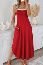 Kadın Ip Askılı Yuvarlak Yakalı Cepli Uzun Viskon Elbise - Görsel 2