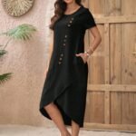 Kadın Kısa Kollu Bisiklet Yaka Düğme Detay Müslim Elbise