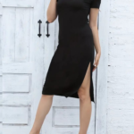 Kadın Kısa Kollu Yanı Yırtmaçlı Bisiklet Yaka Dizde Viskon Elbise