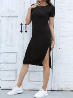 Kadın Kısa Kollu Yanı Yırtmaçlı Bisiklet Yaka Dizde Viskon Elbise