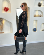 Kadın Uzun Kollu Yuvarlak Yaka Kol Ve Etek Ucu Dantelli Kısa Ithal Krep Elbise - Görsel 3