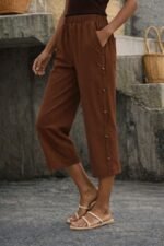 Kadın Yüksel Bel Lastikli Yandan Dügme Detaylı Midi Pantolon - Görsel 2