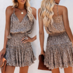 Kadın Askılı V Yaka Beli Pileli Leopar Desen Eteği Fırfırlı Süprem Elbise - Görsel 3